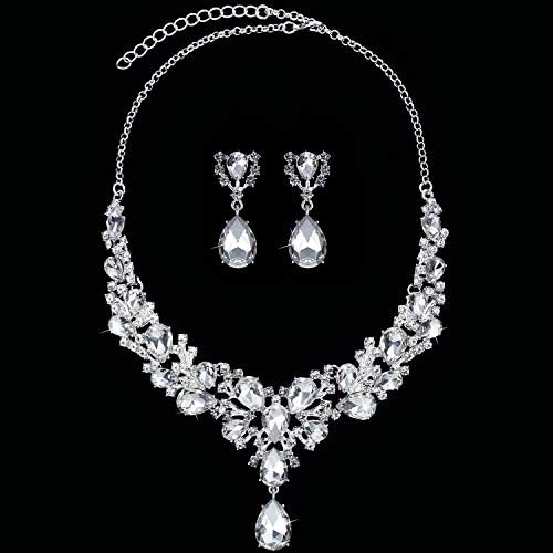 Hicarer Bridal Teardrop Cluster Crystal Jewelry Set For Women Necklace Earrings Wedding