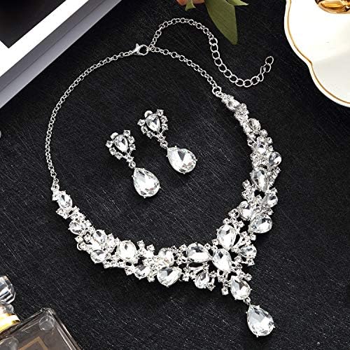 Hicarer Bridal Teardrop Cluster Crystal Jewelry Set For Women Necklace Earrings Wedding