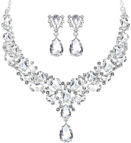 Hicarer Bridal Teardrop Cluster Crystal Jewelry Set for Women Necklace Earrings Wedding