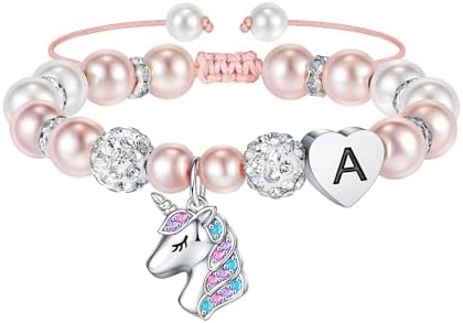 Hidepoo Unicorn Bracelet Gifts for Girls - Adjustable Pink Pearl and Rhinestone Balls Heart Initial Unicorn Bracelets Jewelry CZ Unicorn Bracelet Birthday Gifts for Girls