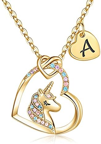Hidepoo Unicorn Necklace Gifts for Girls - Colorful CZ Heart Pendant Initial Unicorns Necklaces for Teens Little Girls Jewelry Birthday Gift for Girl Daughter Granddaughter Niece