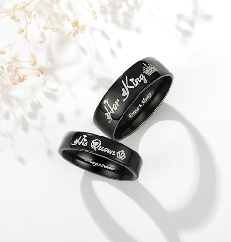 His Queen & Her King Matching Black Titanium Stainless Steel Rings For Couples - Romantic Gifts For Anniversary Valentine's Day And Weddings