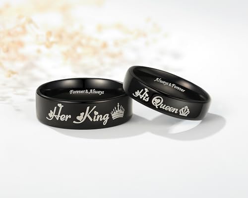 His Queen & Her King Matching Black Titanium Stainless Steel Rings For Couples - Romantic Gifts For Anniversary Valentine's Day And Weddings
