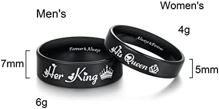 His Queen & Her King Matching Black Titanium Stainless Steel Rings For Couples - Romantic Gifts For Anniversary Valentine's Day And Weddings