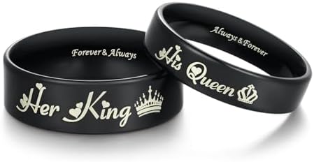 His Queen & Her King Matching Black Titanium Stainless Steel Rings for Couples - Romantic Gifts for Anniversary Valentine's Day and Weddings