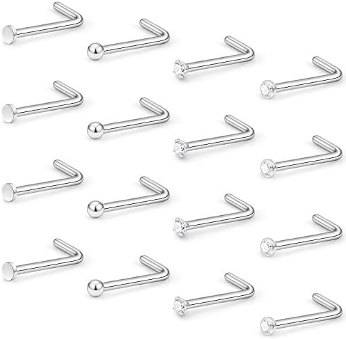 Hoeudjo 16Pcs Nose Rings 18G Nose Studs Surgical Steel 1.5MM Clear Crystal Nostril Ring Body Piercing Jewelry for Women Men