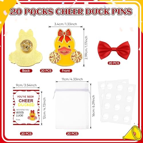 Hoteam 80 Pcs Cheer Team Gifts Bulk Cheerleader Duck Pins Brooches You've Been Cheer Ducked Cards With Bow And Organza Bags