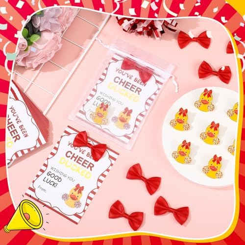 Hoteam 80 Pcs Cheer Team Gifts Bulk Cheerleader Duck Pins Brooches You've Been Cheer Ducked Cards With Bow And Organza Bags