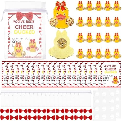Hoteam 80 Pcs Cheer Team Gifts Bulk Cheerleader Duck Pins Brooches You've Been Cheer Ducked Cards with Bow and Organza Bags