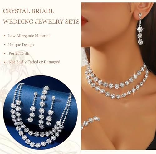 HUASAI Silver Wedding Jewelry Sets For Brides Rhinestone Necklace Earrings Bracelet Set Bridal Costume Jewelry For Women Formal Wedding Guest Dress Accessories Prom Party Outfits
