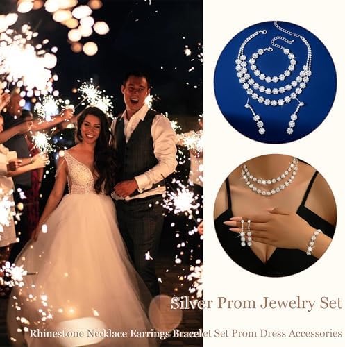 HUASAI Silver Wedding Jewelry Sets For Brides Rhinestone Necklace Earrings Bracelet Set Bridal Costume Jewelry For Women Formal Wedding Guest Dress Accessories Prom Party Outfits