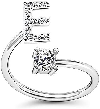 HUJUON Silver Initial Letter Ring for Women. Adjustable Crystal Alphabet Ring Name Initials Stackable Knuckle Rings A-Z CZ Open Ring
