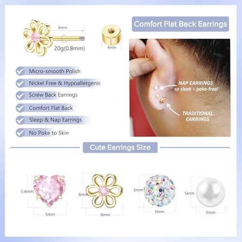 Hypoallergenic Earrings For Girls Toddler Surgical Steel Screw Flat Back Earrings For Sensitive Ears Women14K Gold Silver Earring Cute Heart Flower Pearl Star Stud Earring Sets