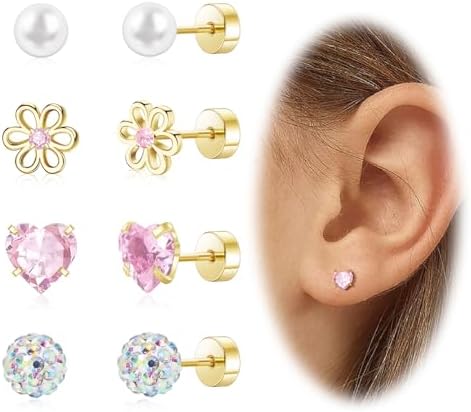 Hypoallergenic Earrings for Girls Toddler Surgical Steel Screw Flat Back Earrings for Sensitive Ears Women14K Gold Silver Earring Cute Heart Flower Pearl Star Stud Earring Sets