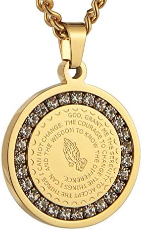 HZMAN Bible Verse Prayer Necklace Christian Jewelry Gold Stainless Steel Praying Hands Coin Medal Pendant