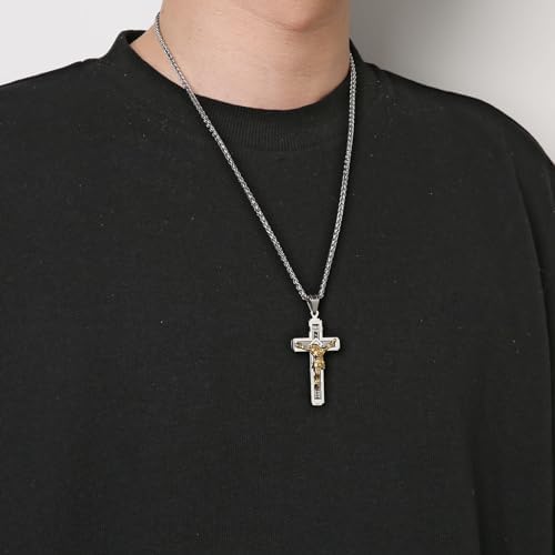 HZMAN Catholic Jesus Christ On INRI Cross Crucifix Gold Silver Tone Stainless Steel Pendant Necklace 22+2 Chain