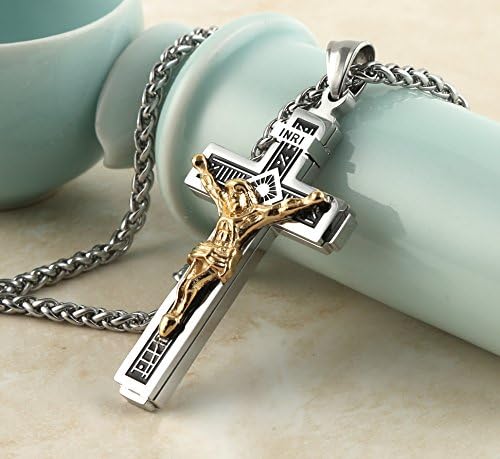 HZMAN Catholic Jesus Christ On INRI Cross Crucifix Gold Silver Tone Stainless Steel Pendant Necklace 22+2 Chain