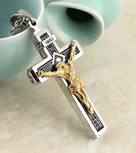 HZMAN Catholic Jesus Christ On INRI Cross Crucifix Gold Silver Tone Stainless Steel Pendant Necklace 22+2 Chain