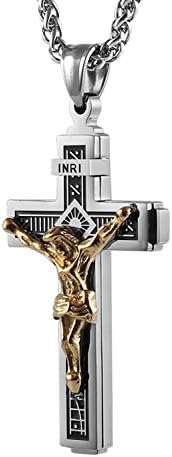 HZMAN Catholic Jesus Christ on INRI Cross Crucifix Gold Silver Tone stainless steel Pendant Necklace 22+2 Chain
