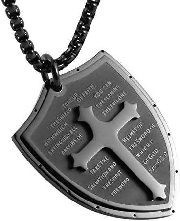 HZMAN Shield Armor Of God Ephesians 6:16-17 Faith Cross Stainless Steel Pendant Necklace
