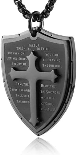 HZMAN Shield Armor of God Ephesians 6:16-17 Faith Cross Stainless Steel Pendant Necklace