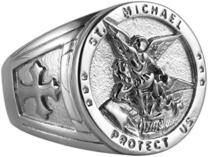 HZMAN St. Michael San Miguel The Great Protector Archangel Defeating Satan Figurine Stainless Steel Amulet Ring