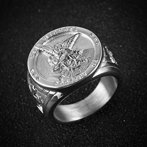 HZMAN St. Michael San Miguel The Great Protector Archangel Defeating Satan Figurine Stainless Steel Amulet Ring