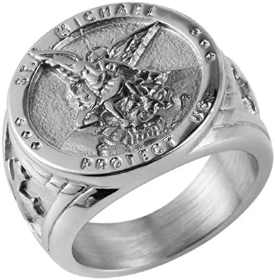 HZMAN St. Michael San Miguel The Great Protector Archangel Defeating Satan Figurine Stainless Steel Amulet Ring