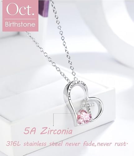I Am A Child Of God Heart Cross Birthstone Necklace For Girls Baptism Gifts First Communion Gifts Easter Birthday Christmas Gifts Jewelry For Goddaughter Godchild Teens Girls Women