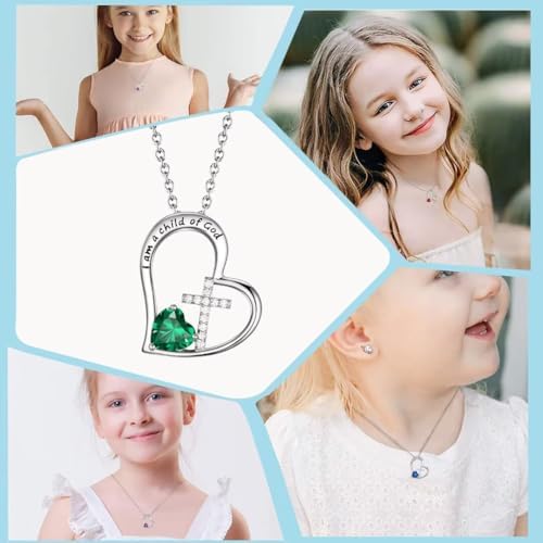 I Am A Child Of God Heart Cross Birthstone Necklace For Girls Baptism Gifts First Communion Gifts Easter Birthday Christmas Gifts Jewelry For Goddaughter Godchild Teens Girls Women
