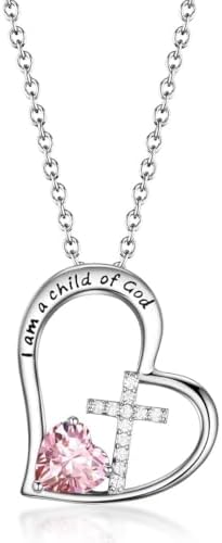 I Am a Child of God Heart Cross Birthstone Necklace for Girls Baptism Gifts First Communion Gifts Easter Birthday Christmas Gifts Jewelry for Goddaughter Godchild Teens Girls Women