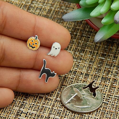 ICYROSE 925 Sterling Silver NEW Set Of 3 Pairs Halloween Ghost Black Cat And Jack Pumpkin Stud Earrings (Nickel Free)