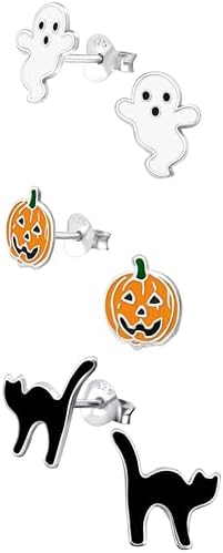 ICYROSE 925 Sterling Silver NEW Set of 3 Pairs Halloween Ghost Black Cat and Jack Pumpkin Stud Earrings (Nickel Free)