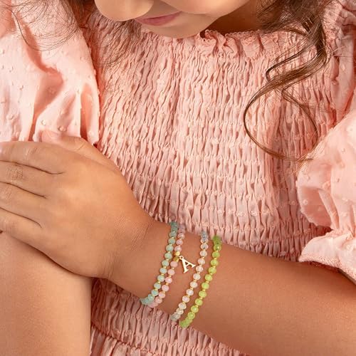 IEFWELL Initial Bracelets For Women Girls - 4Pcs Crystal Bracelets Set Pink/Blue/White/Green Crystals Beaded Bracelet Stretch Bracelet Kid Jewelry Birthday Gifts For Teen Girls Kids Toddler