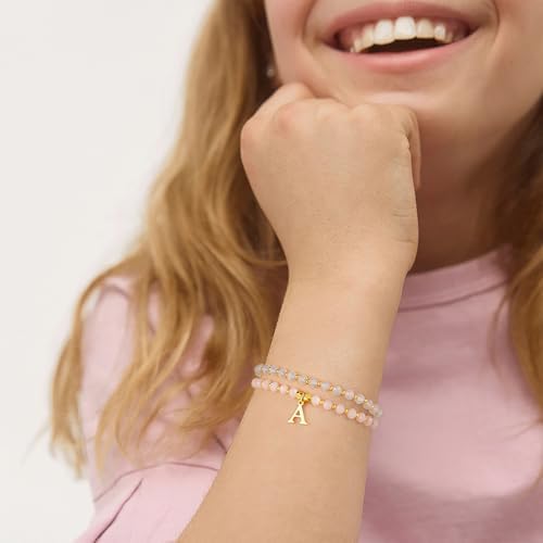 IEFWELL Initial Bracelets For Women Girls - 4Pcs Crystal Bracelets Set Pink/Blue/White/Green Crystals Beaded Bracelet Stretch Bracelet Kid Jewelry Birthday Gifts For Teen Girls Kids Toddler