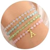 IEFWELL Initial Bracelets for Women Girls - 4Pcs Crystal Bracelets Set Pink/Blue/White/Green Crystals Beaded Bracelet Stretch Bracelet Kid Jewelry Birthday Gifts for Teen Girls Kids Toddler