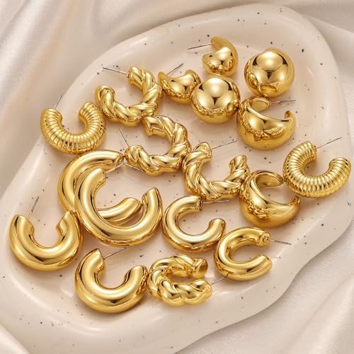 IFKM 24 Pairs Gold Hoop Earrings Set For Women Hypoallergenic Chunky Chain Twisted Open Hoops Dangle Earring Packs For Birthday Party Christmas Fashion Jewelry Gift