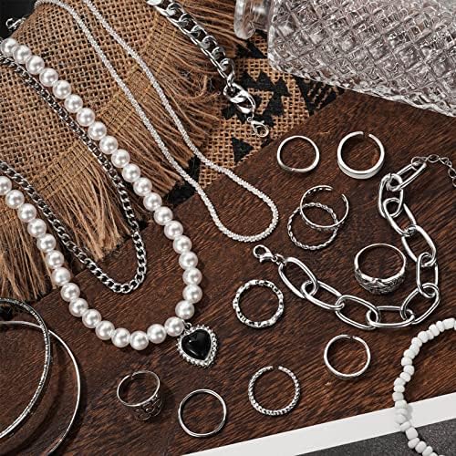 IFKM 36 PC Silver Plated Jewelry Set With 3 Necklace 12 Bracelet 7 Ear Cuffs Earring 14 Knuckle Rings For Women Girls Valentine Anniversary Birthday Friendship Gift