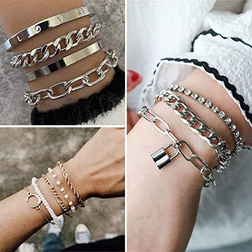 IFKM 36 PC Silver Plated Jewelry Set With 3 Necklace 12 Bracelet 7 Ear Cuffs Earring 14 Knuckle Rings For Women Girls Valentine Anniversary Birthday Friendship Gift