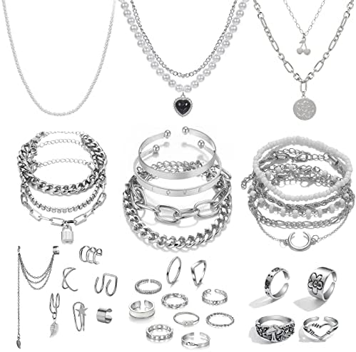 IFKM 36 PC Silver Plated Jewelry Set With 3 Necklace 12 Bracelet 7 Ear Cuffs Earring 14 Knuckle Rings For Women Girls Valentine Anniversary Birthday Friendship Gift