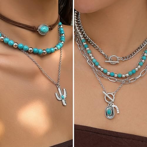 IFKM Bohemian Jewelry Set With Turquoise Necklace Dangle Earrings Stackable Bangle Bracelets Knuckle Rings For Women Vintage Western Boho Turquoise Anniversary Birthday Friendship Gift