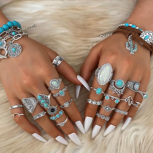 IFKM Bohemian Jewelry Set With Turquoise Necklace Dangle Earrings Stackable Bangle Bracelets Knuckle Rings For Women Vintage Western Boho Turquoise Anniversary Birthday Friendship Gift