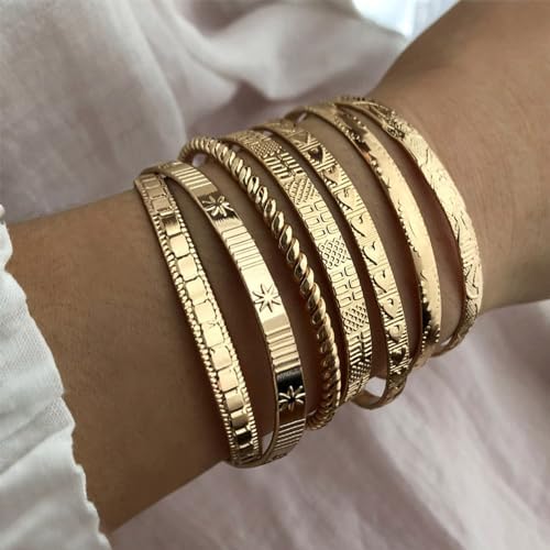 IFKM Gold Bangle Bracelets For Women 14k Gold Plated Multi Layer Stackable Cuff Bracelet Set Trendy Elegance Charms Non Tarnish Minimalist Textured Boho Jewelry Gift For Women