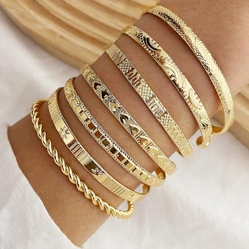 IFKM Gold Bangle Bracelets For Women 14k Gold Plated Multi Layer Stackable Cuff Bracelet Set Trendy Elegance Charms Non Tarnish Minimalist Textured Boho Jewelry Gift For Women