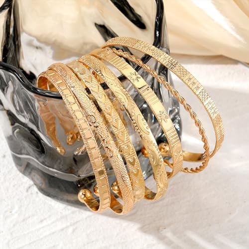 IFKM Gold Bangle Bracelets For Women 14k Gold Plated Multi Layer Stackable Cuff Bracelet Set Trendy Elegance Charms Non Tarnish Minimalist Textured Boho Jewelry Gift For Women