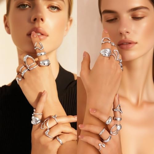 IFKM Gold Chunky Rings Set For Women 14k Gold Plated Thick Dome Stackable Open Rings Trendy Dainty Minimalist Jewelry Gifts