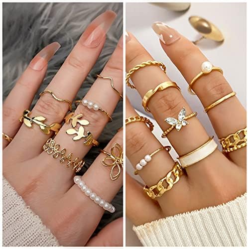 IFKM Gold Plated Jewelry Set For Women Girls 14k Gold Plated Multi Layer Necklaces Stackable Bangle Bracelets Stackable Knuckle Rings Hoop Earrings Set Anniversary Trendy Elegance Charms Anniversary Birthday Jewelry Gift