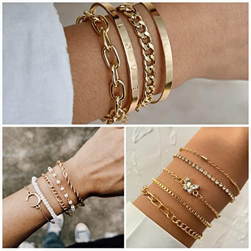 IFKM Gold Plated Jewelry Set For Women Girls 14k Gold Plated Multi Layer Necklaces Stackable Bangle Bracelets Stackable Knuckle Rings Hoop Earrings Set Anniversary Trendy Elegance Charms Anniversary Birthday Jewelry Gift