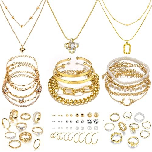 IFKM Gold Plated Jewelry Set for Women Girls 14k Gold Plated Multi Layer Necklaces Stackable Bangle Bracelets Stackable Knuckle Rings Hoop Earrings Set Anniversary Trendy Elegance Charms Anniversary Birthday Jewelry Gift