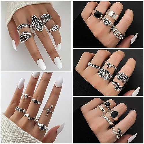 IFKM Vintage Silver Knuckle Rings Set For Women Stackable Joint Finger Statement Rings Bohemian Retro Hollow Carved Midi Rings Boho Halloween Skeleton Skull Snake Heart Chunky Stacking Rings Pack